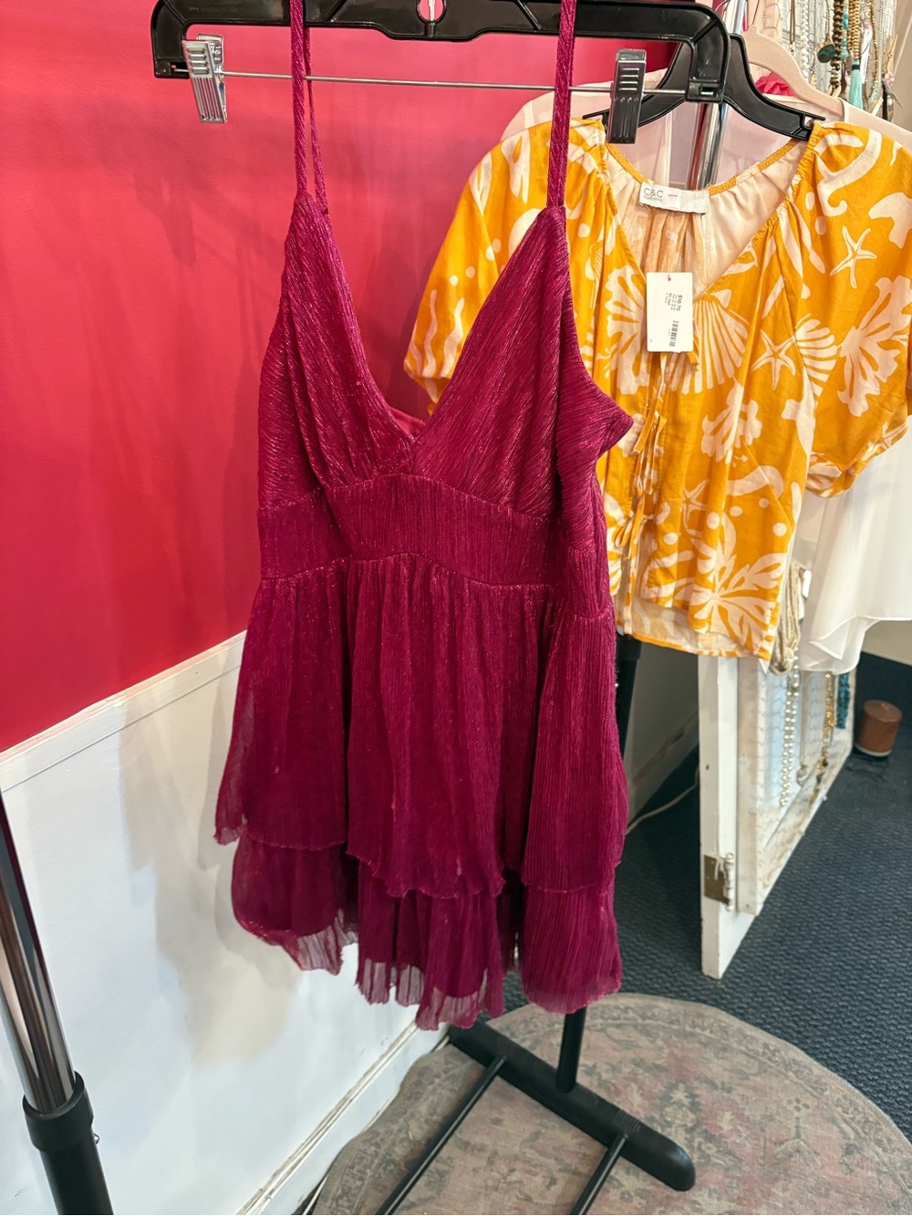 Magenta Tiered Pleated Spaghetti-Strap Dress - Unbranded